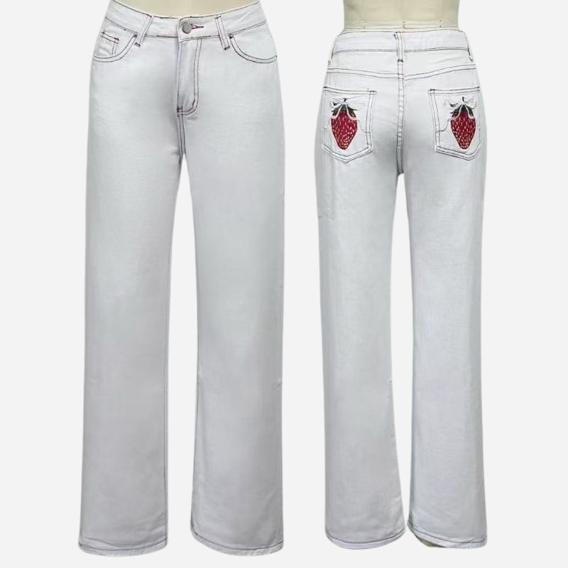 women's low rise bow jeans straight leg relaxed fit patch pocket denim pants, front and back views