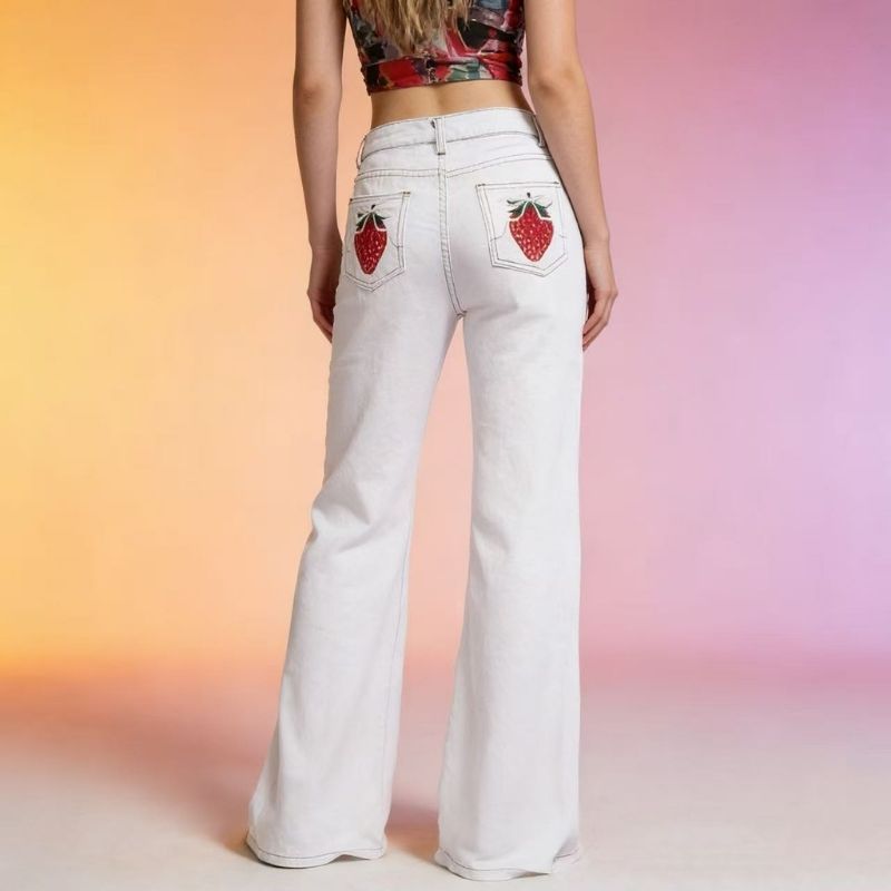 women's low rise bow jeans straight leg patch pocket denim pants