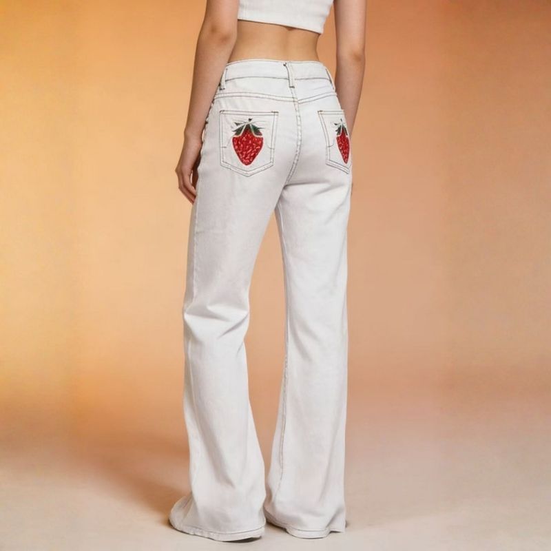 women's bow jeans straight leg relaxed fit patch pocket denim pants