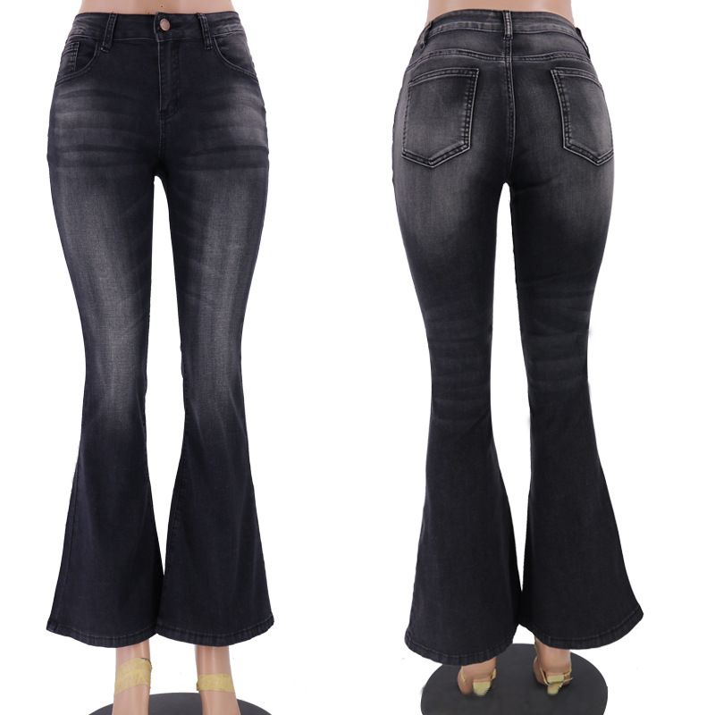 High Waisted Flare Jeans for Women Low Rise Bootcut Casual Stretch Denim Pants black color with front and back views
