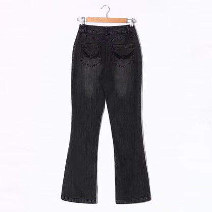 Women's Low Rise Bell Bottom Flare Jeans Retro Center Seam Slim Fit Denim Pants black color with back view