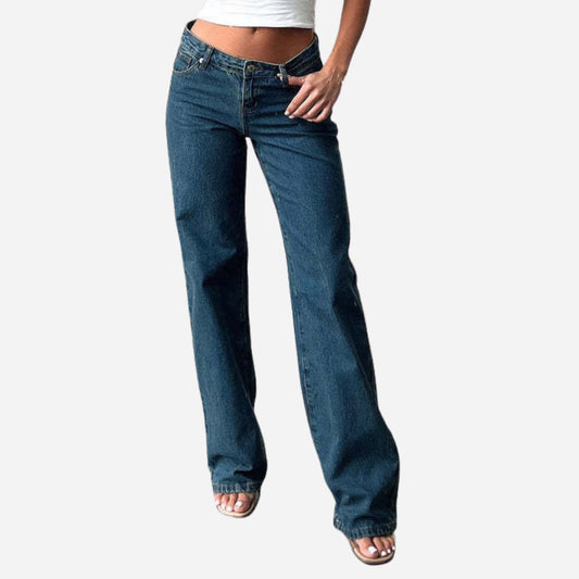 Women's Low Rise Jeans Trousers Straight Leg Loose Fit Casual Denim Pants navy color