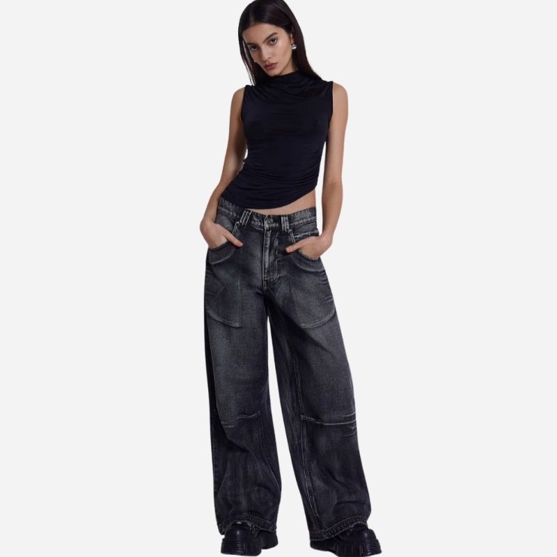 Women’s low rise y2k baggy jeans angel wings back print wide leg straight denim in black, front view