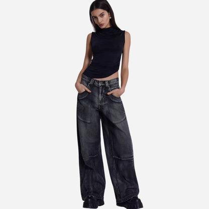 Women’s low rise y2k baggy jeans angel wings back print wide leg straight denim in black, front view
