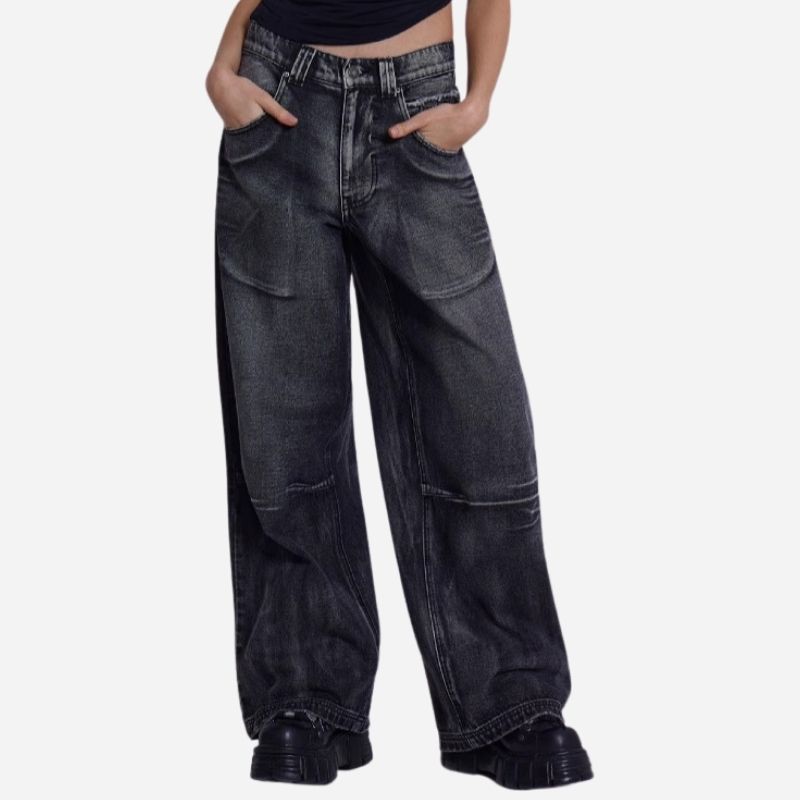 Women’s low rise y2k baggy jeans angel wings back print wide leg straight denim in black