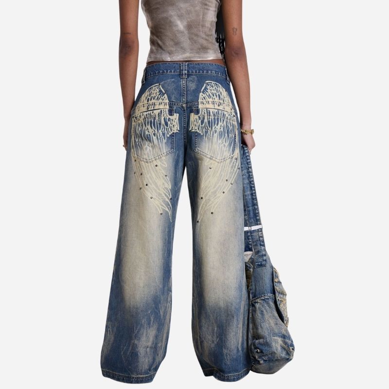 Women’s low rise y2k baggy jeans angel wings back print wide leg straight denim in blue, back view