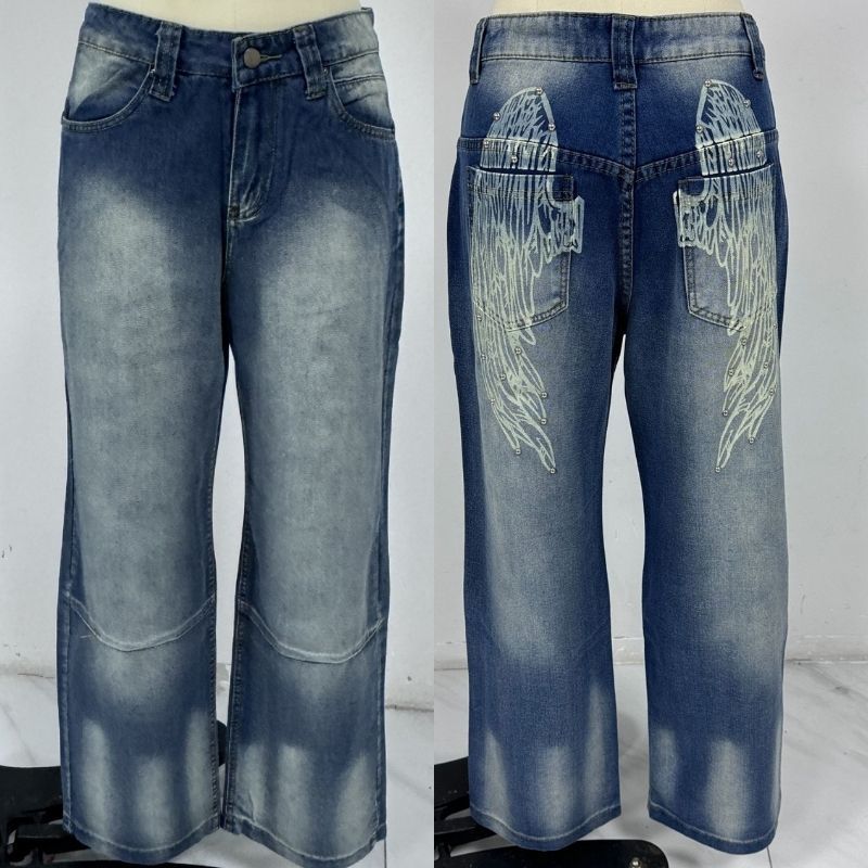 Women’s low rise y2k baggy jeans angel wings back print wide leg straight denim in blue, front and back views