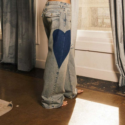 Women’s low waist heart-shaped baggy jeans, side view