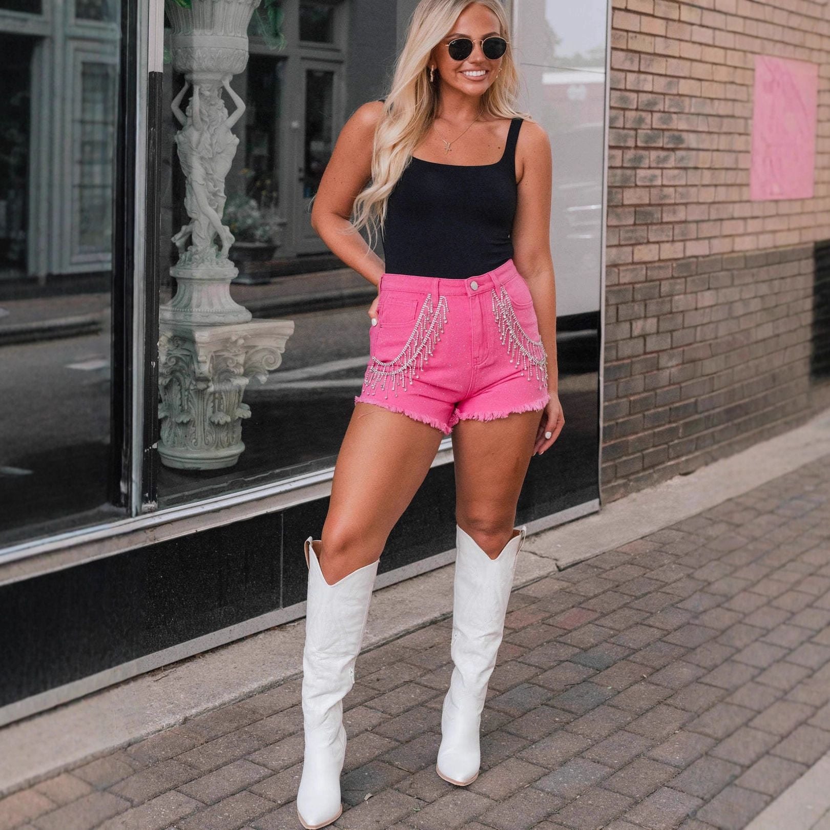 Women's rhinestone fringe chain denim shorts in pink