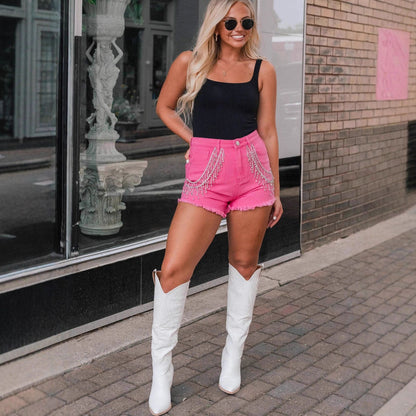 Women's rhinestone fringe chain denim shorts in pink