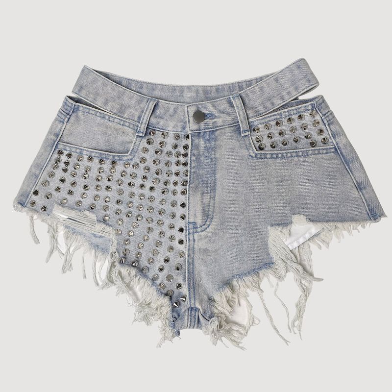 Women’s studded denim shorts, flat lay front