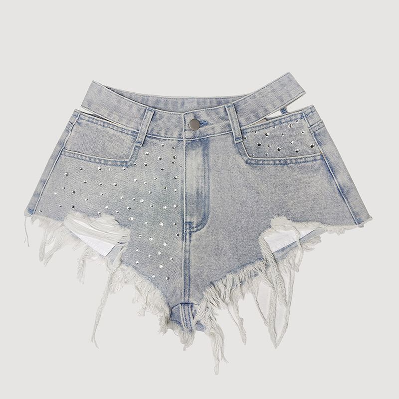 Women’s rhinestone denim shorts, flat lay front