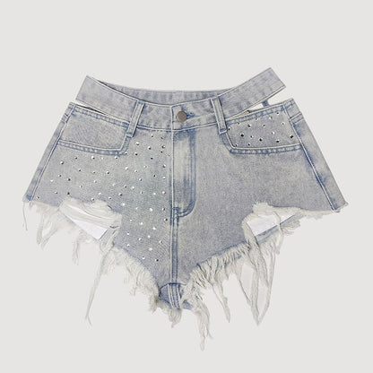 Women’s rhinestone denim shorts, flat lay front