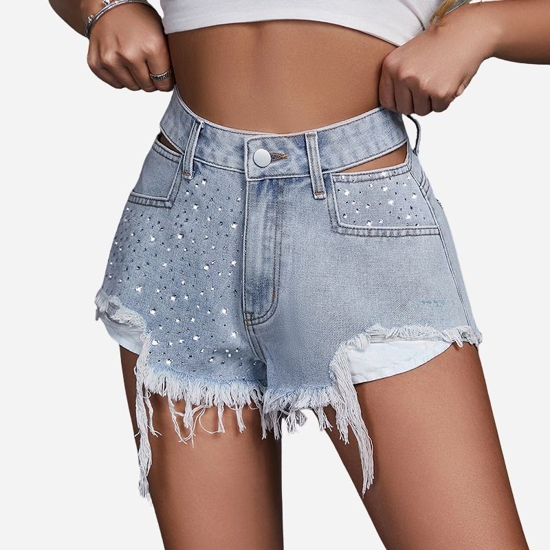 Women’s rhinestone denim shorts, front view