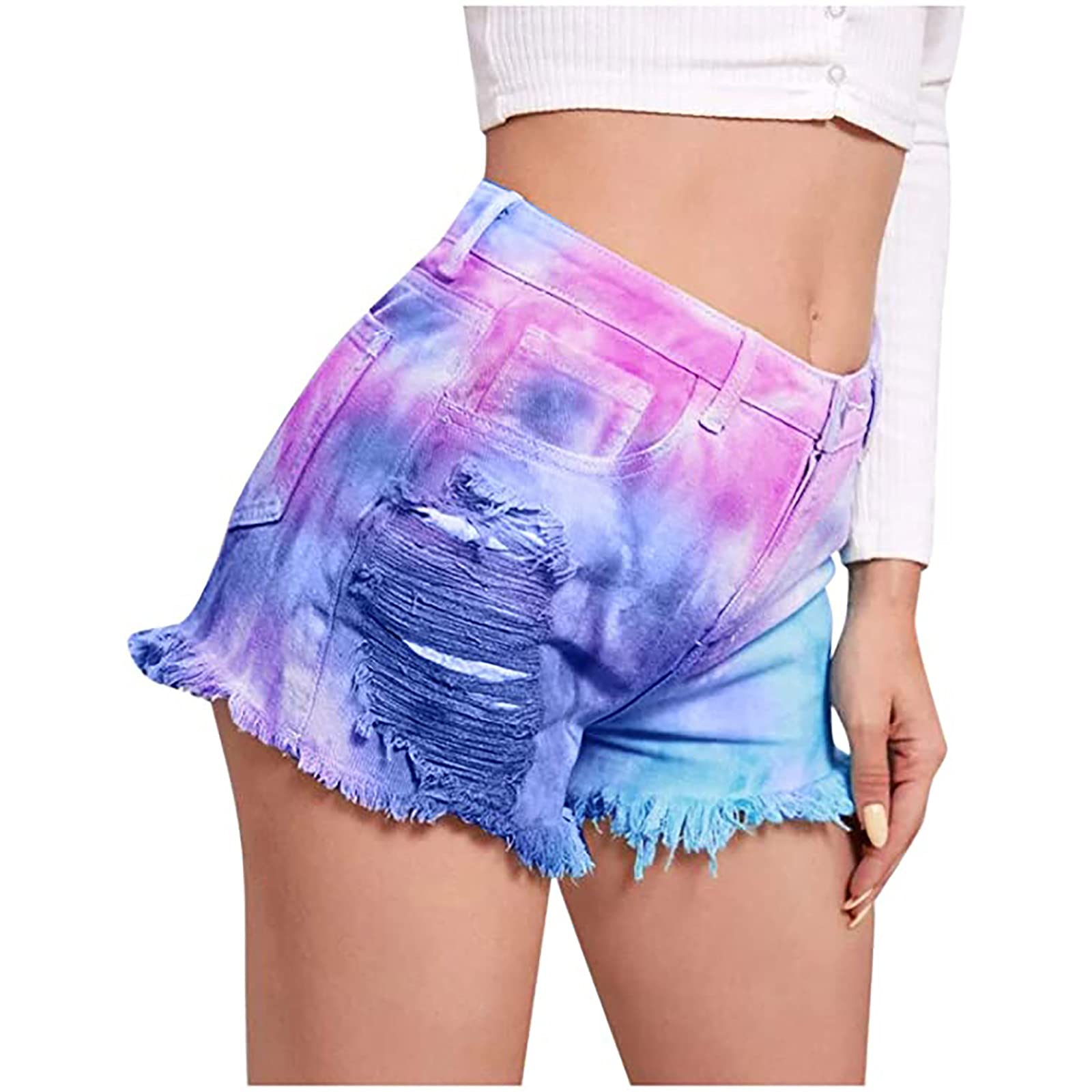 Women's Tie-dye Denim Jean Shorts High Waisted Raw Hem Stretchy Ripped Shorts - Blue Color