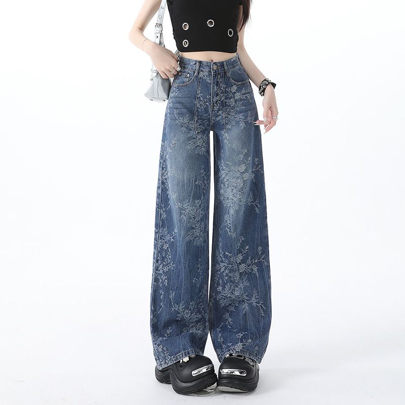 Women’s Floral Print High Waisted Wide Leg Jeans Straight Palazzo Denim Pants