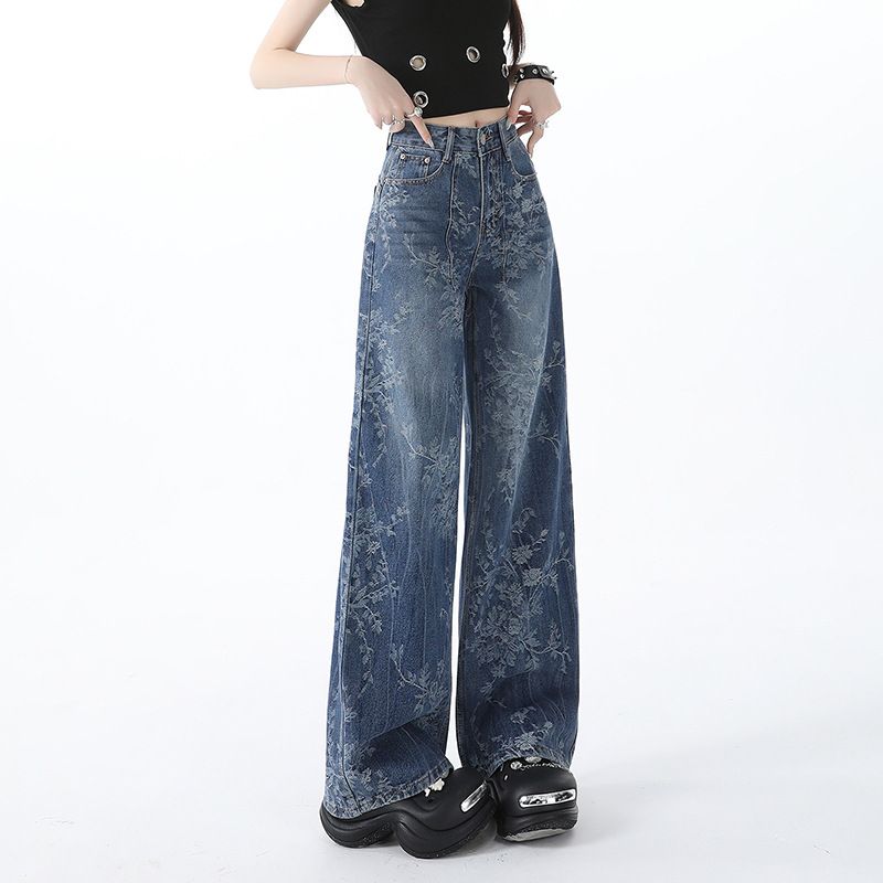 Women’s Floral Print High Waisted Wide Leg Jeans Straight Palazzo Denim Pants
