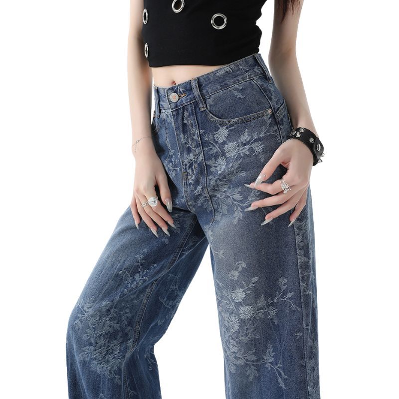 Women’s Floral Print High Waisted Wide Leg Jeans Straight Palazzo Denim Pants details