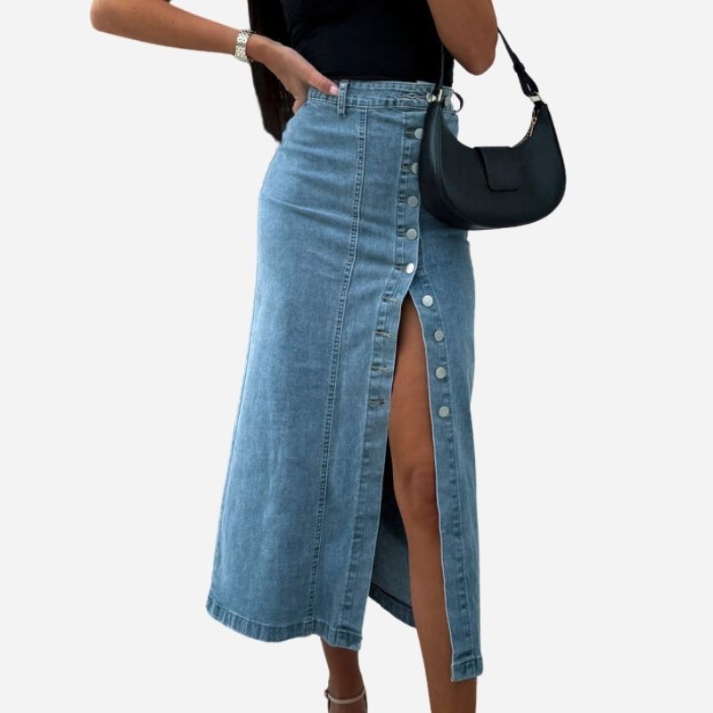 Women’s High Waisted Button Front Long Denim Skirt with Slit Blue Color