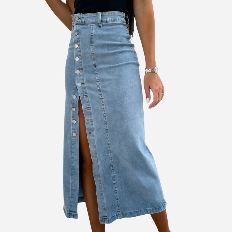 Women’s High Waisted Button Front Long Denim Skirt with Slit Blue Color