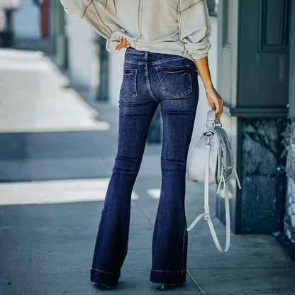 Women's flare bell bottom jeans high waisted bootcut denim in navy, back view