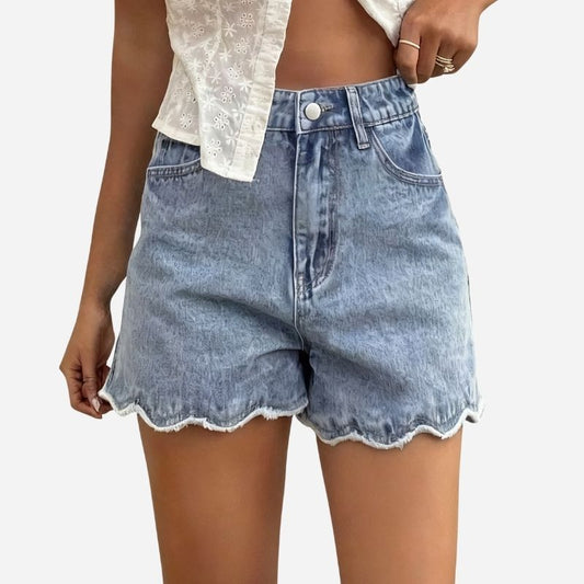 Women's High Waist Denim Shorts with Ruffle Scalloped Hem Loose Fit