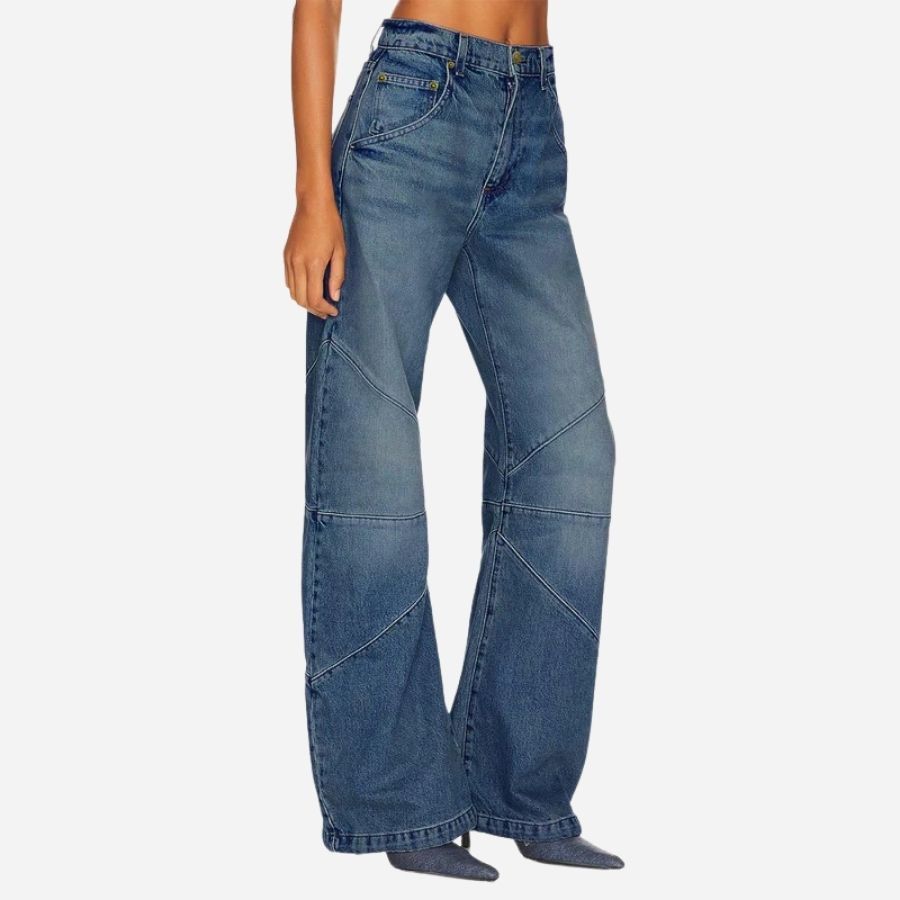 Women's high waisted baggy barrel jeans boyfriend wide leg denim pants in navy, side view