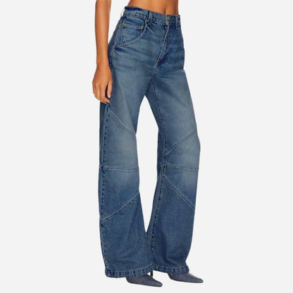 Women's high waisted baggy barrel jeans boyfriend wide leg denim pants in navy, side view