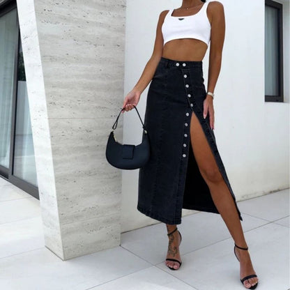 Women’s high waisted button front midi denim skirt with slit in black, front view