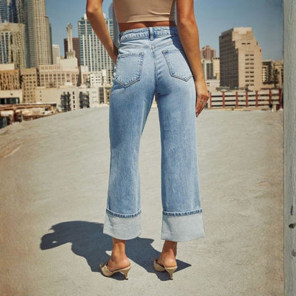 Women’s High Waisted Straight Wide Leg Cuffed Jeans Palazzo Baggy Denim Pants