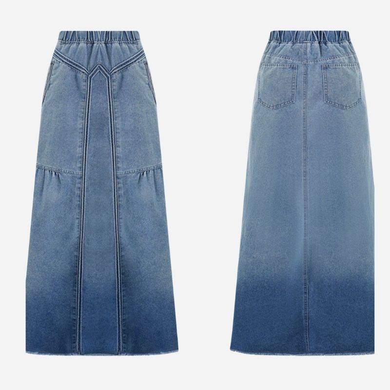 Women’s retro a-line maxi denim skirt – elastic high waist jean skirt, front and back views
