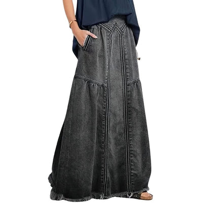 Women’s retro a-line maxi denim skirt – elastic high waist jean skirt in black, front view