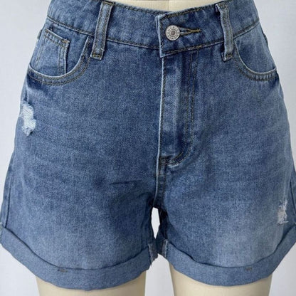 Women's Ripped Denim Shorts in blue, front view