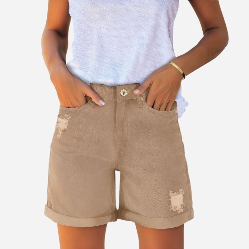 Women's Ripped Denim Shorts in khaki, front view