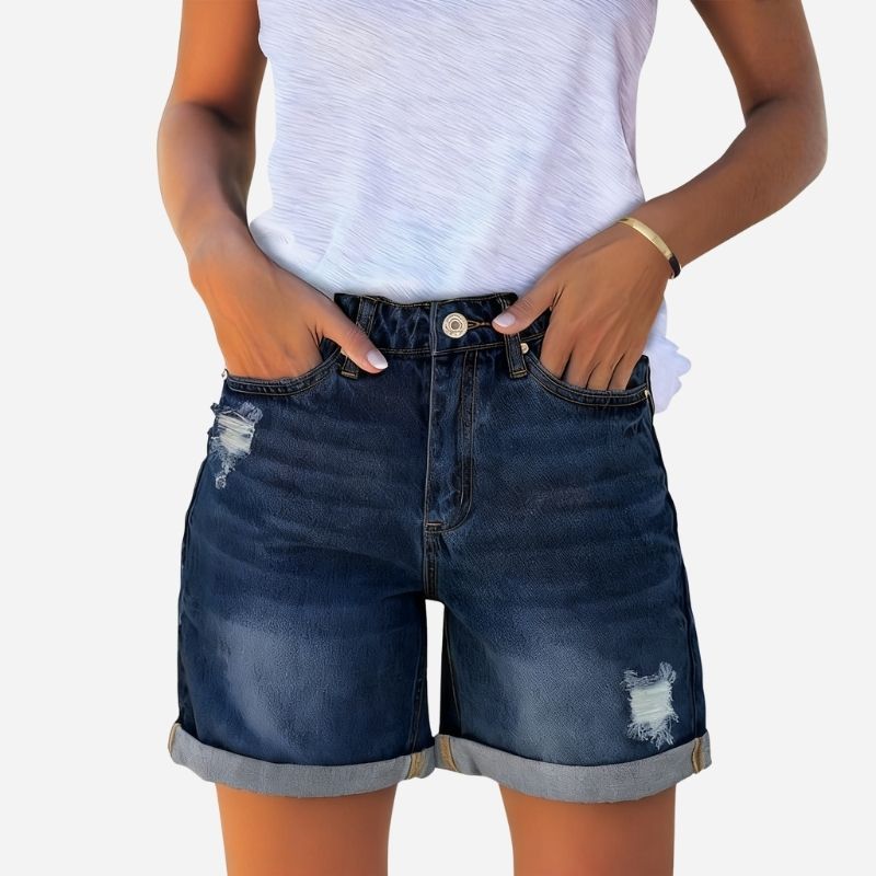Women's Ripped Denim Shorts in navy, front view