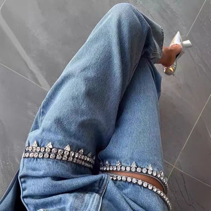 Women’s Sparkly Rhinestone Ripped Jeans Straight Wide Leg Diamond Denim Pants blue Color