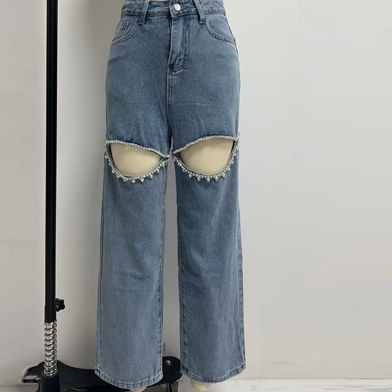 Women’s Sparkly Rhinestone Ripped Jeans Straight Wide Leg Diamond Denim Pants Blue Color