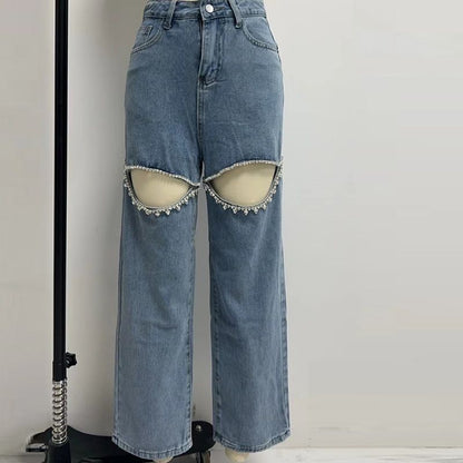 Women’s Sparkly Rhinestone Ripped Jeans Straight Wide Leg Diamond Denim Pants Blue Color