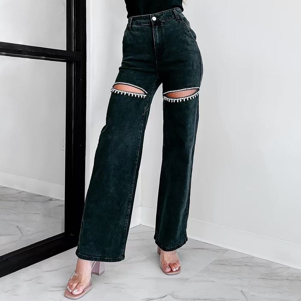 Women’s Sparkly Rhinestone Ripped Jeans Straight Wide Leg Diamond Denim Pants Black Color