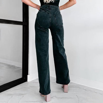 Women’s Sparkly Rhinestone Ripped Jeans Straight Wide Leg Diamond Denim Pants Black Color with back view