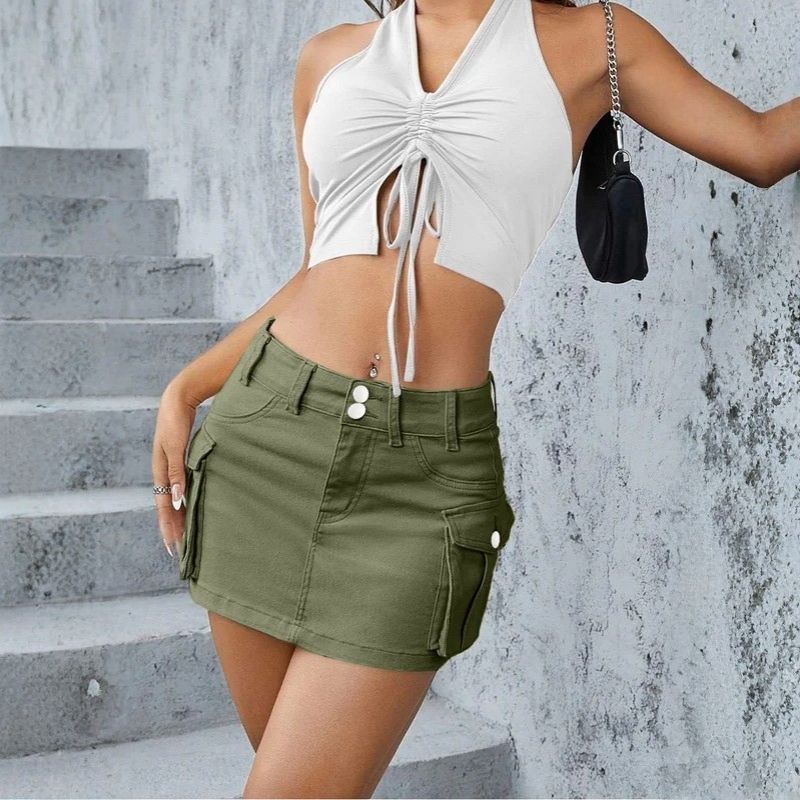 Women’s cargo denim mini skirt in green, front view