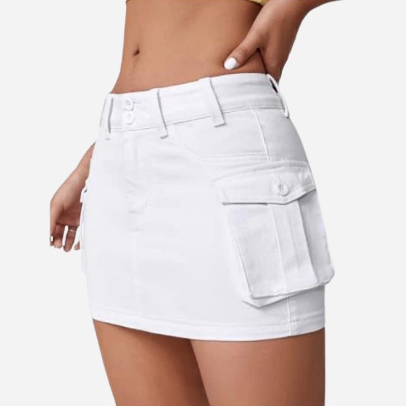 Women’s cargo denim mini skirt in white, side view