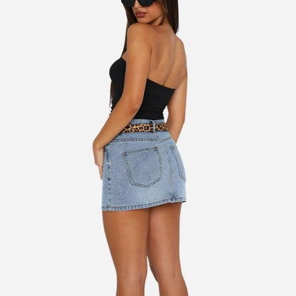 Women’s denim mini skirt slim fit low waist bodycon jean skirt in blue, back view
