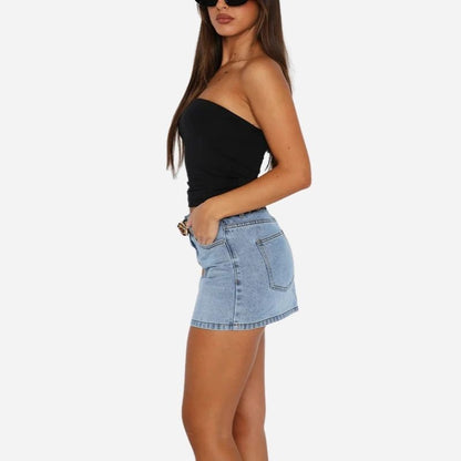 Women’s denim mini skirt slim fit low waist bodycon jean skirt in blue, side view