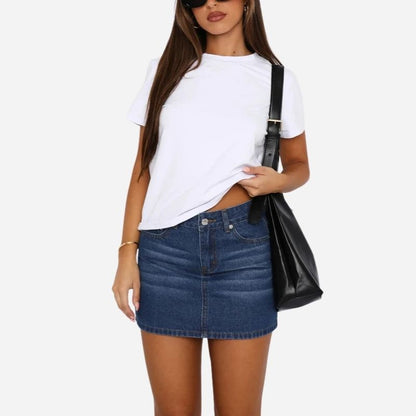 Women’s denim mini skirt slim fit low waist bodycon jean skirt in navy, front view