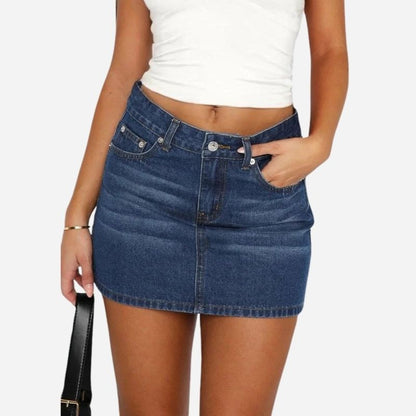 Women’s denim mini skirt slim fit low waist jean skirt in navy, front view