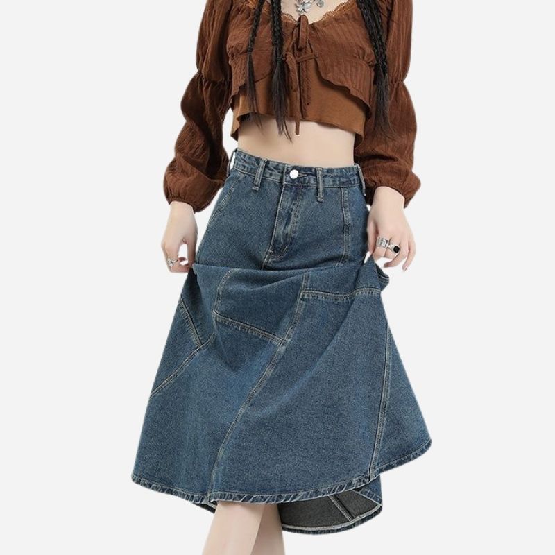 Women’s denim skirt high waist a-line ruffle hem midi jean skirt, side view
