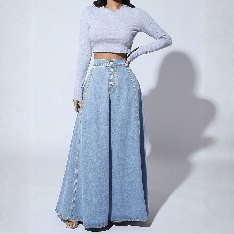 Women’s high waist button fly a-line flared long denim maxi skirt in blue, front view
