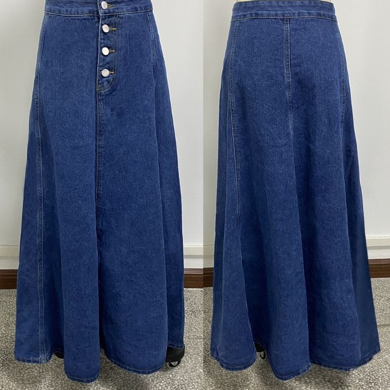 Women’s high waist button fly a-line flared long denim maxi skirt in navy, front and back views