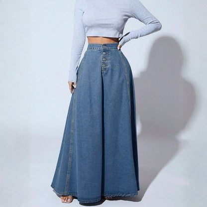 Women’s high waist button fly a-line flared long denim maxi skirt in navy, front view